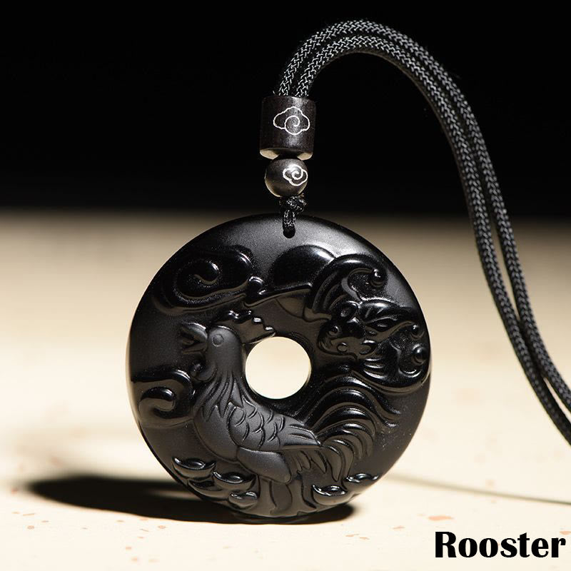Nimara Ritual Chinese Zodiac Natural Black Obsidian Peace Buckle Strength Necklace Pendant