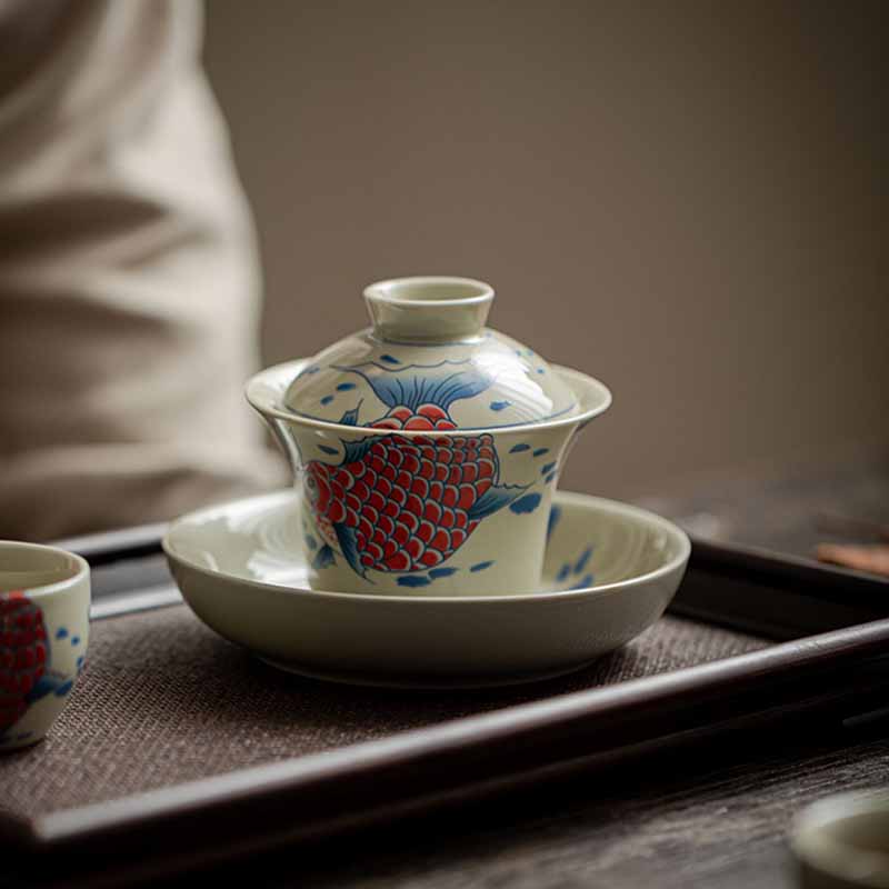 Nimara Ritual Koi Fish Arowana Ceramic Gaiwan Sancai Teacup Kung Fu Tea Cup With Lid 130ml