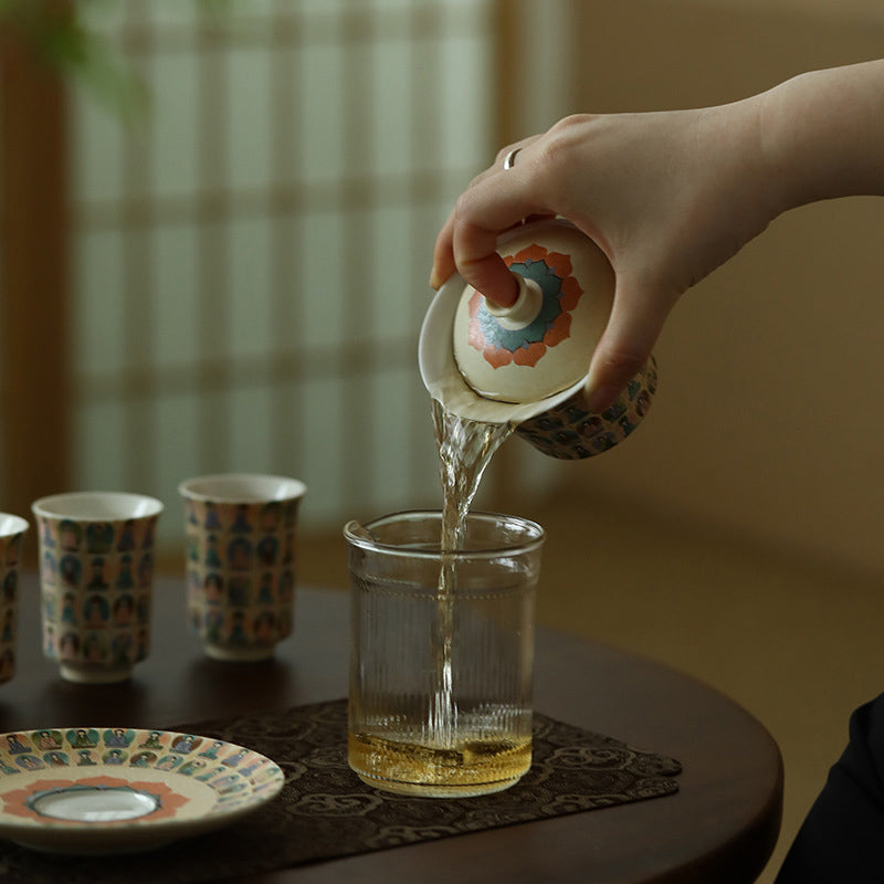 Nimara Ritual Dunhuang Color Thousand Buddhas Flying Apsaras Pattern Gaiwan Teacup Kung Fu Tea Cup With Lid