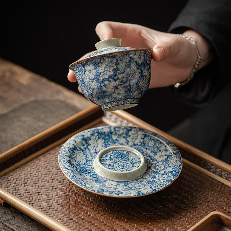 Nimara Ritual Vintage Blue And White Porcelain Peach Blossom Lotus Peony Ceramic Gaiwan Sancai Teacup Kung Fu Tea Cup And Saucer With Lid