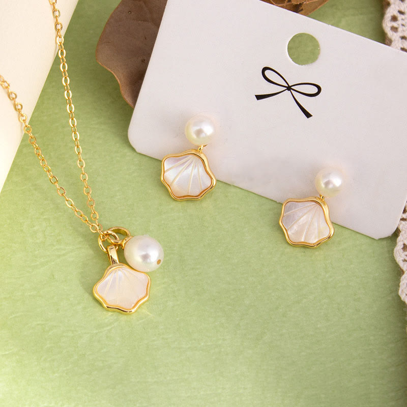 Nimara Ritual Ginkgo Tridacna Stone Pearl Bead Copper Blessing Necklace Pendant Ring Earrings Set