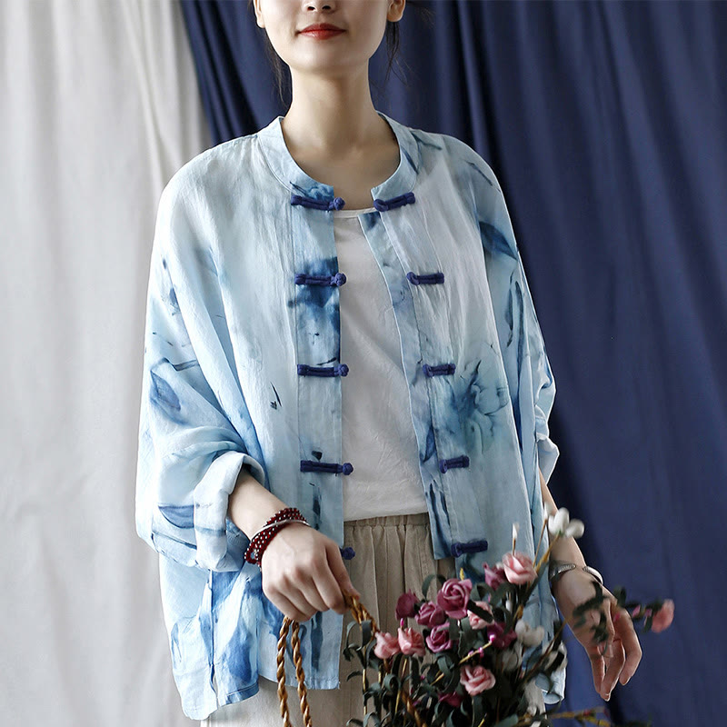 Nimara Ritual Tie Dye Blue Flowers Frog-Button Design Long Sleeve Ramie Linen Jacket Shirt
