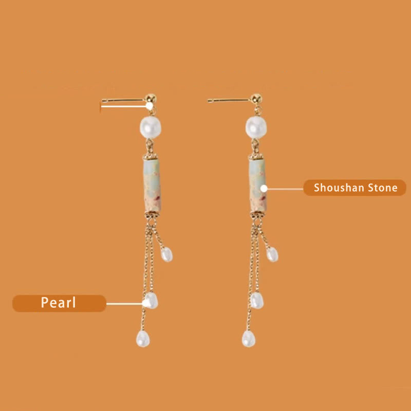Nimara Ritual 925 Sterling Silver Posts Shoushan Stone Pearl Healing Drop Earrings