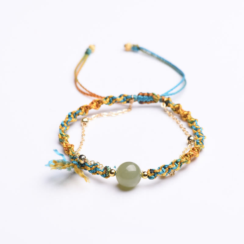 Nimara Ritual Handmade Colorful Rope Luck Jade Bead Abundance Double Layer Bracelet