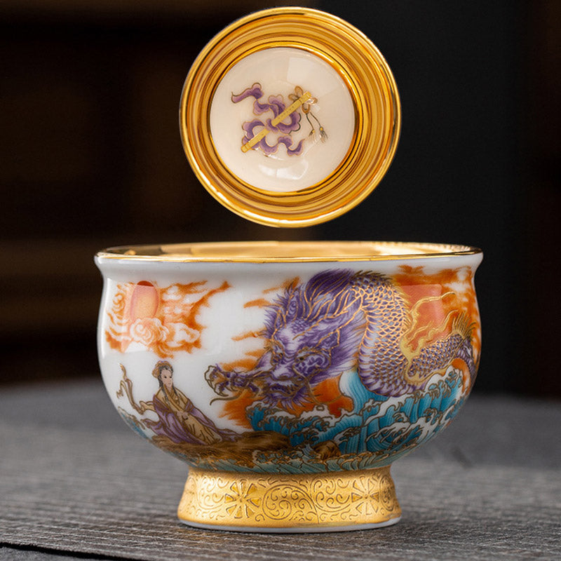Nimara Ritual Golden Eagle Auspicious Dragon Sun Ocean Waves Gilt Ceramic Teacup Kung Fu Tea Cup