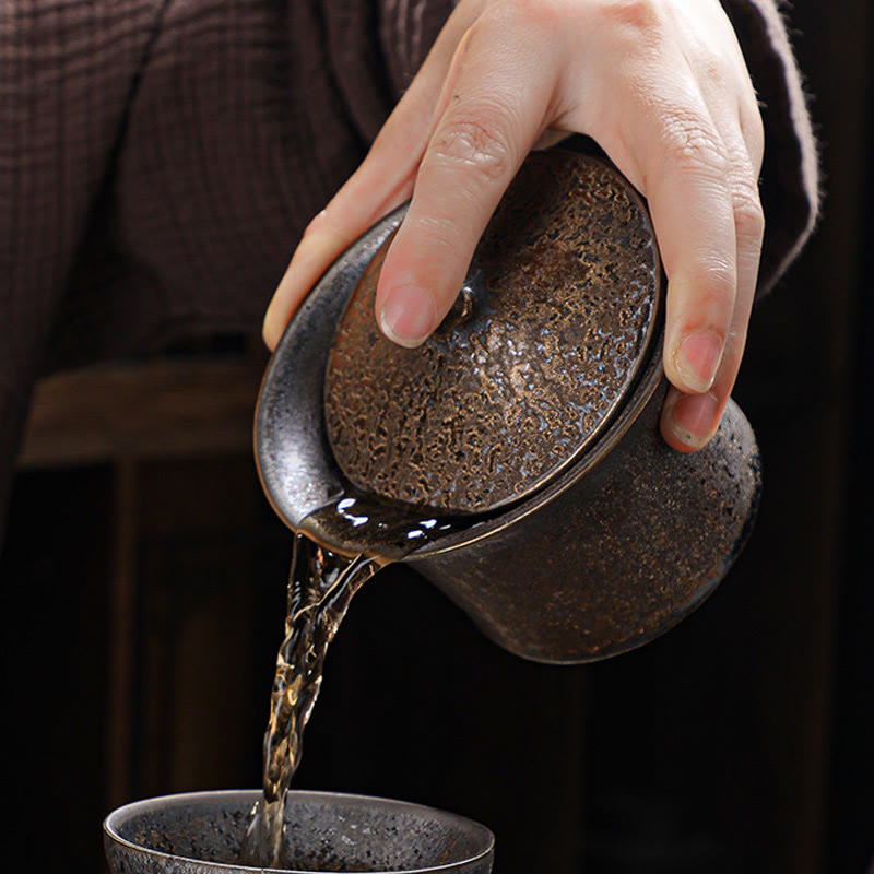 Nimara Ritual Retro Rust Glaze Ceramic Gaiwan Sancai Teacup Kung Fu Tea Cup And Saucer With Lid