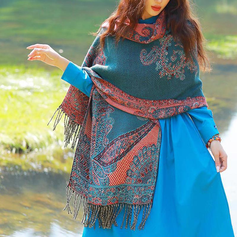 Nimara Ritual Tibetan Vine Leaves Pattern Design Shawl Cozy Travel Scarf Wrap