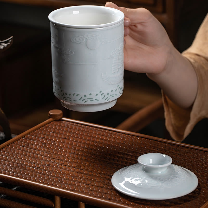 Nimara Ritual Jingdezhen Linglong Porcelain Auspicious Dragon Phoenix Boat Smooth Sailing Ceramic Teacup Office Tea Cups 420ml