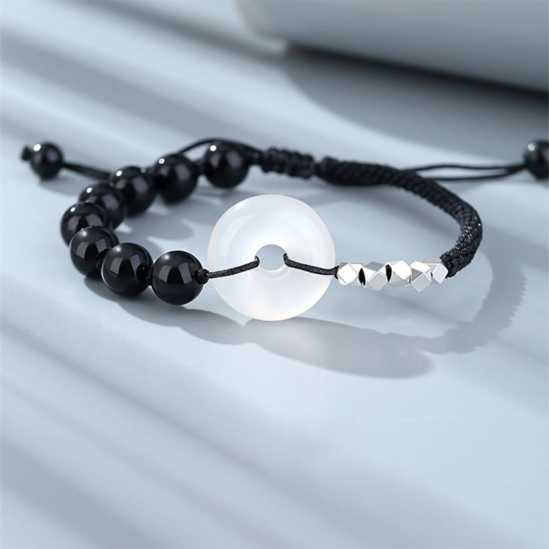 Nimara Ritual 925 Sterling Silver Black Obsidian Agate Peace Buckle Strength Bracelet