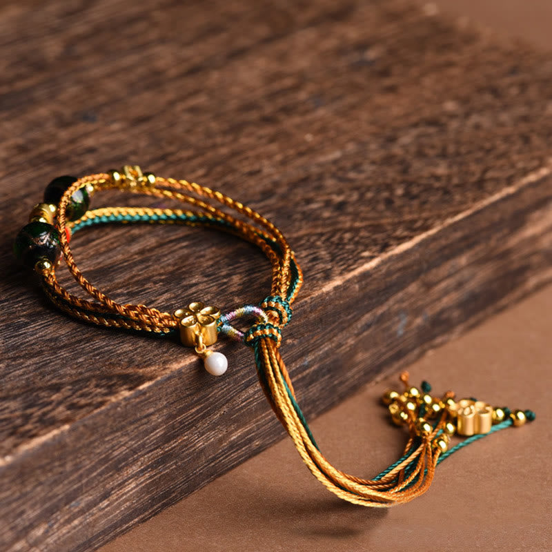 Nimara Ritual Tibetan Handmade Rope Liuli Glass Bead Braided Multilayered Healing Bracelet