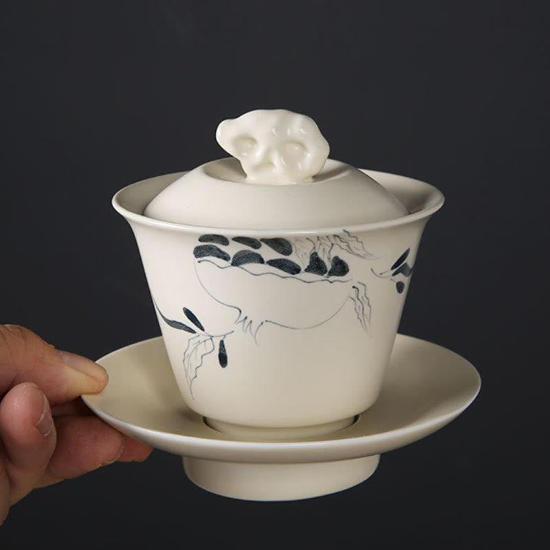 Nimara Ritual Hand Painted Pomegranate Hibiscus Pine Lotus Ceramic Gaiwan Sancai Teacup Kung Fu Tea Cup And Saucer With Lid