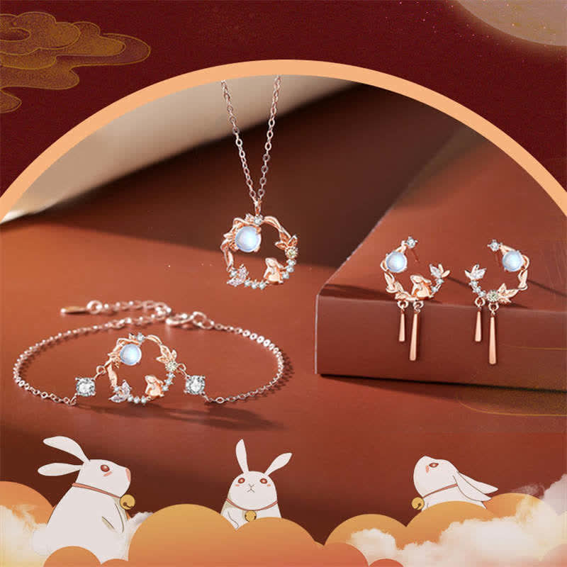 Nimara Ritual 925 Sterling Silver Year of the Rabbit Moonstone Moon Flower Pattern Necklace Pendant Bracelet Earrings