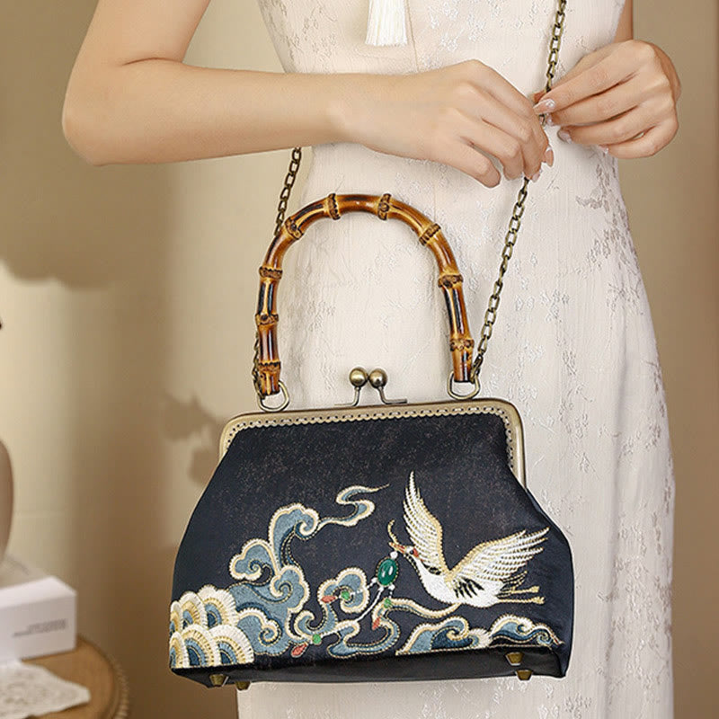 Nimara Ritual Auspicious Clouds Cranes Embroidery Bamboo Handle Handbag Crossbody Bag