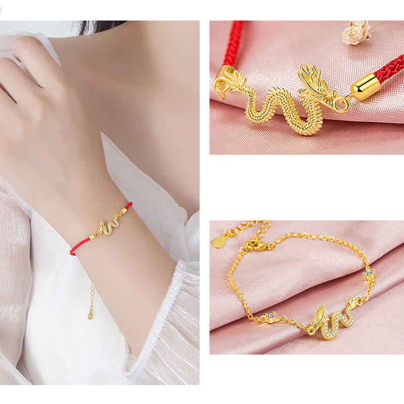 Nimara Ritual 925 Sterling Silver Year Of The Dragon Auspicious Golden Dragon Luck Red Rope Chain Bracelet