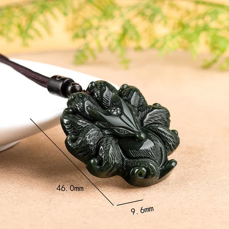 Nimara Ritual Hetian Cyan Jade Nine Tailed Fox Luck Necklace String Pendant