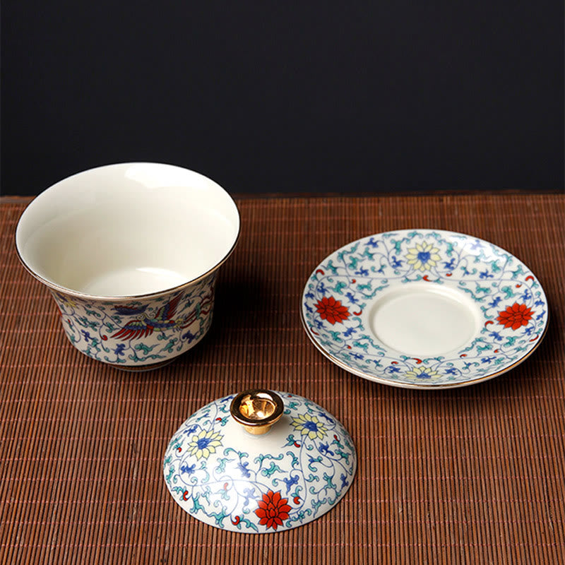 Nimara Ritual Retro Plum Blossom Pine Bamboo Phoenix Kirin Ceramic Gaiwan Sancai Teacup Kung Fu Tea Cup and Saucer with Lid