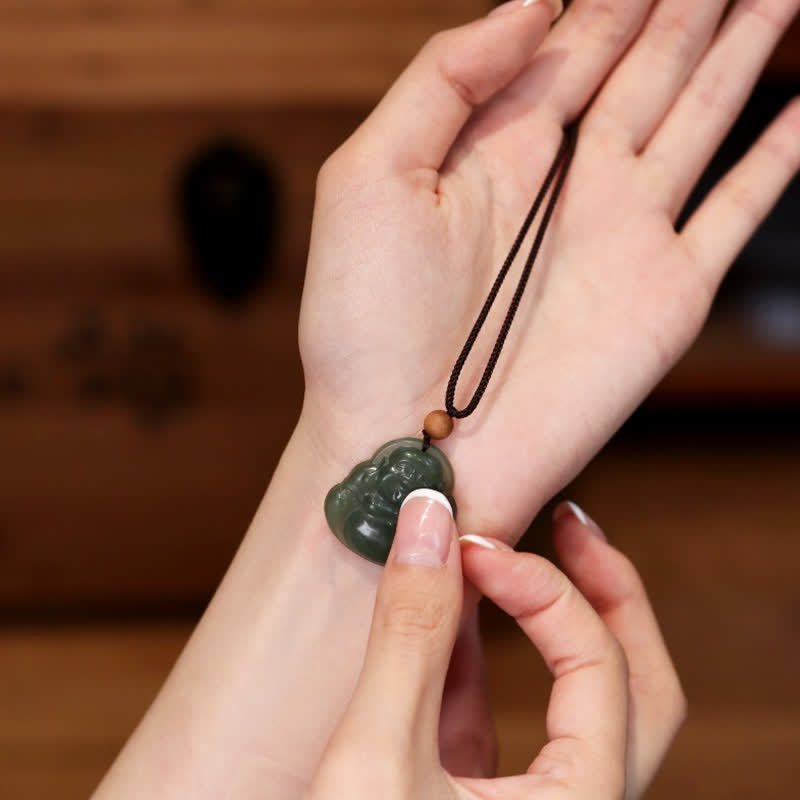 Nimara Ritual Laughing Buddha Hetian Jade Healing Calm Necklace String Pendant