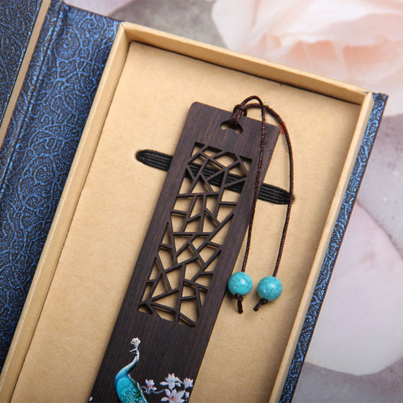Nimara Ritual Blue Peacock Ebony Wood Bookmarks With Gift Box