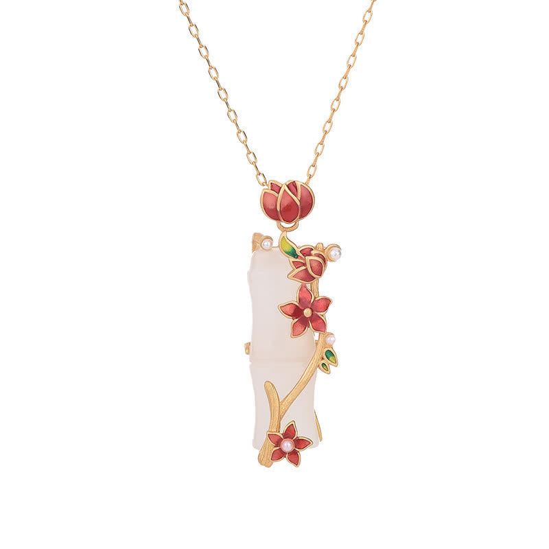Nimara Ritual White Jade Bamboo Lotus Flowers Luck Protection Necklace Pendant