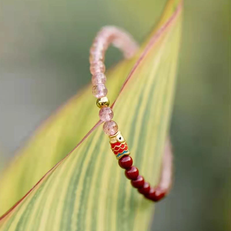 Nimara Ritual Natural Strawberry Quartz Cinnabar Lucky Koi Fish Healing Bracelet