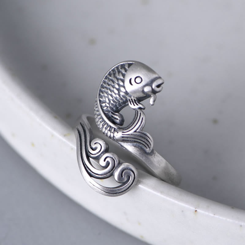 Nimara Ritual 925 Sterling Silver Koi Fish Water Ripple Luck Wealth Ring