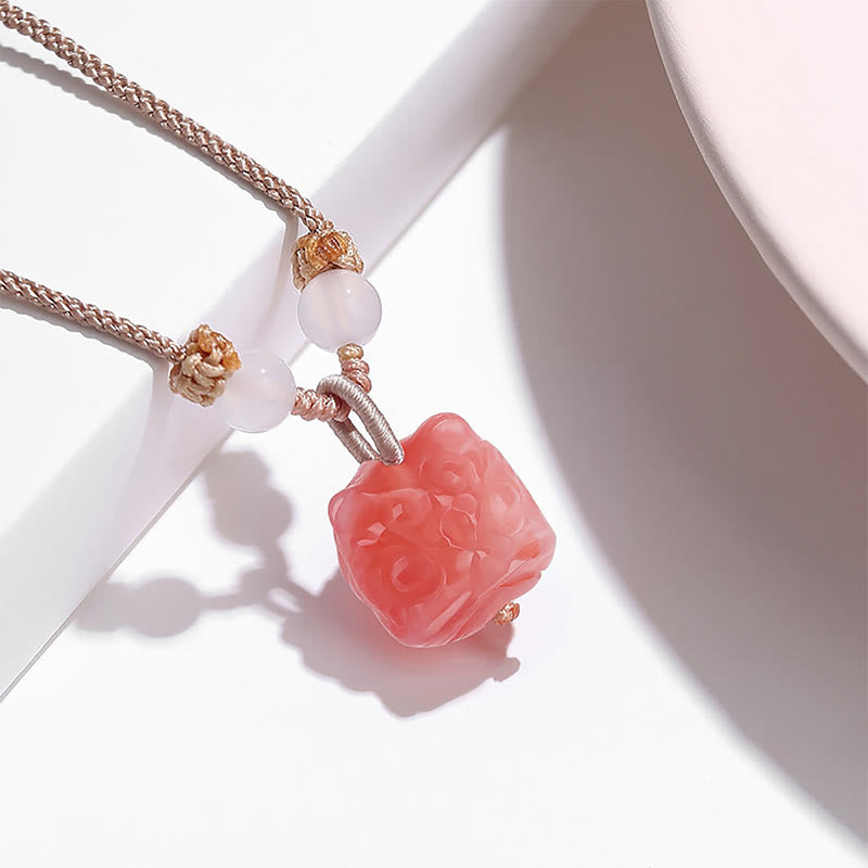 Nimara Ritual Natural Silver Sheen Obsidian Red Agate Dancing Lion Protection Necklace Pendant