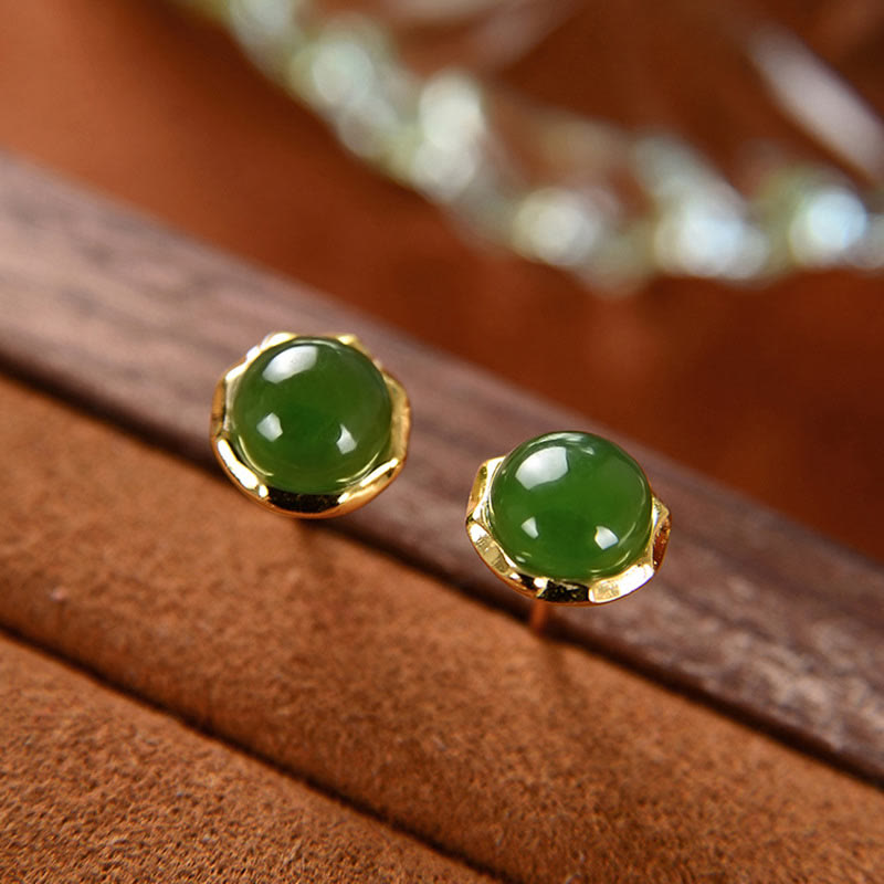 Nimara Ritual 925 Sterling Silver Plated Gold Natural Hetian Cyan Jade Bead Luck Stud Earrings