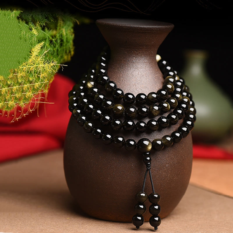 Nimara Ritual 108 Mala Beads Natural Gold Sheen Obsidian Wealth Bracelet