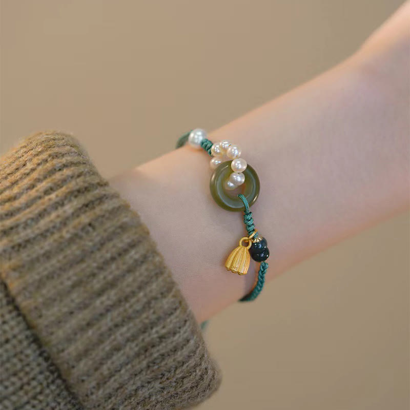 Nimara Ritual Natural Hetian Jade Peace Buckle Pearl Luck Handcrafted Braided Bracelet
