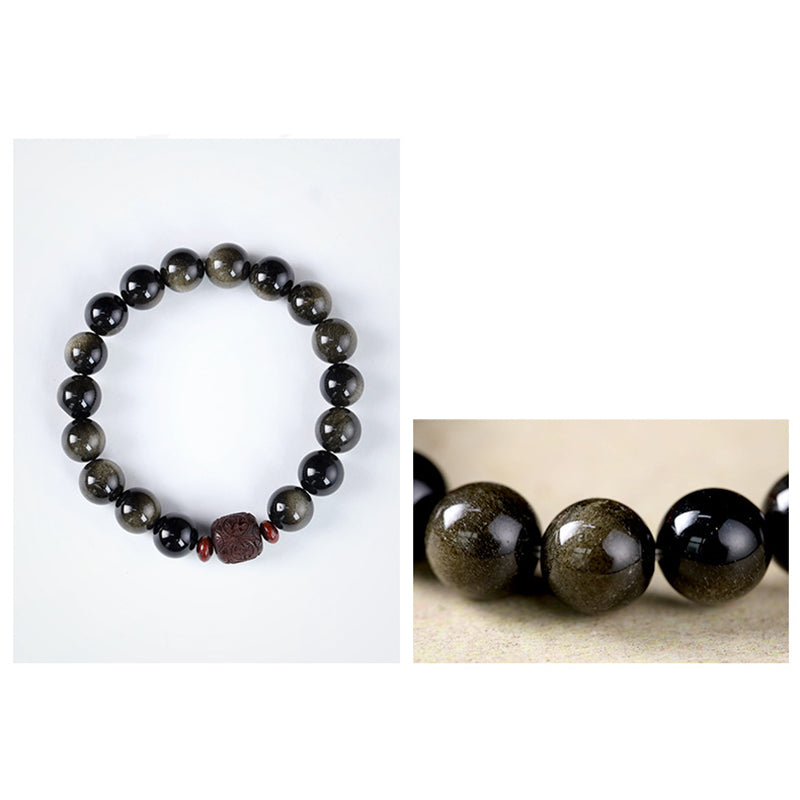 Nimara Ritual Natural Gold Sheen Obsidian Rainbow Obsidian Om Mani Padme Hum Fu Character Healing Bracelet
