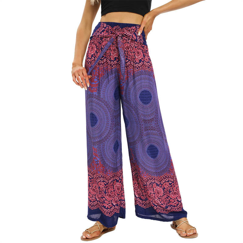 Nimara Ritual Bohemian Compass Flower Print Lace-up Wide Leg Pants Women's Yoga Pants