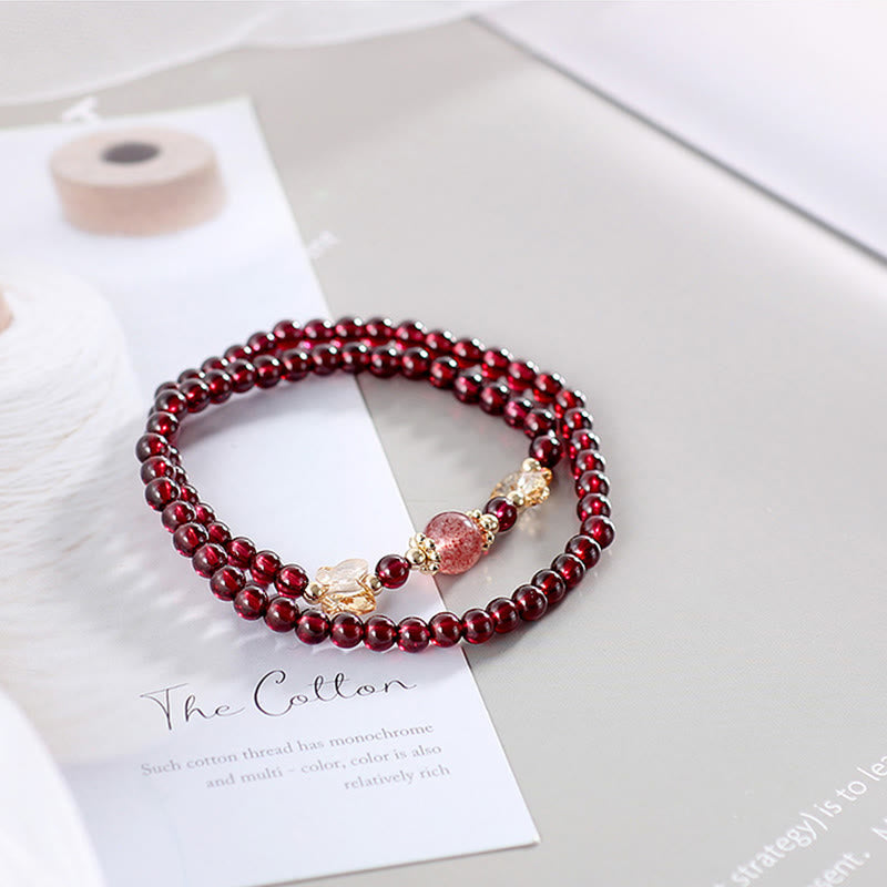Nimara Ritual 14K Gold Plated Natural Garnet Strawberry Quartz Butterfly Protection Double Wrap Bracelet