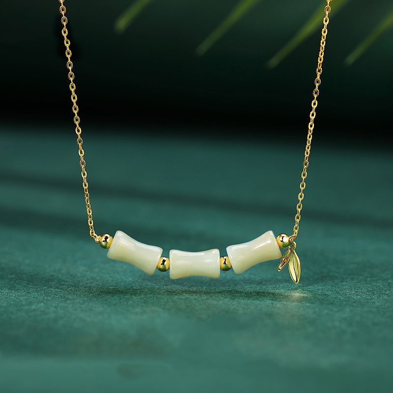 Nimara Ritual 925 Sterling Silver Hetian Jade Bamboo Fu Character Prosperity Necklace Pendant Bracelet