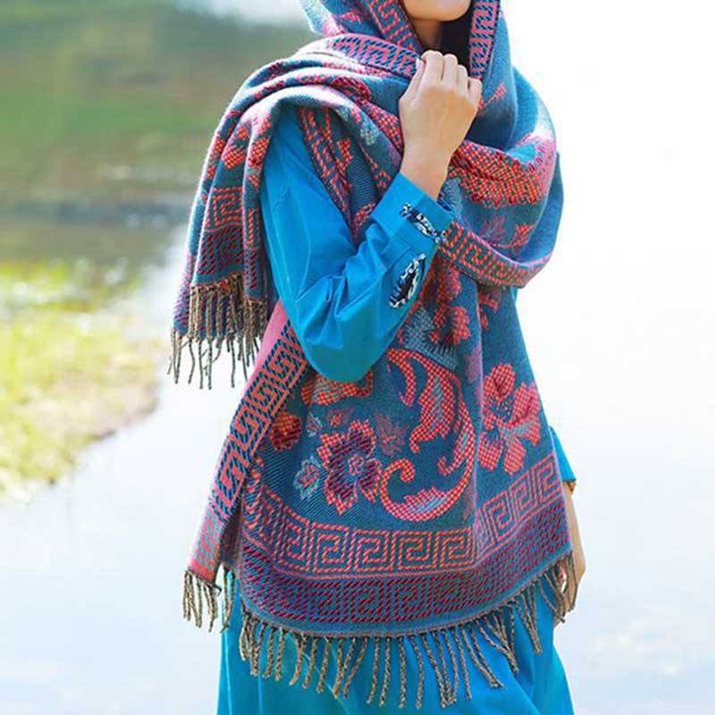 Nimara Ritual Tibetan Flowers Leaves Pattern Design Shawl Cozy Travel Scarf Wrap