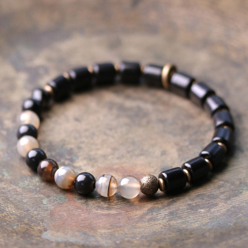 Nimara Ritual Ebony Wood Red Jasper Moss Agate Crystal Copper Peace Couple Bracelet