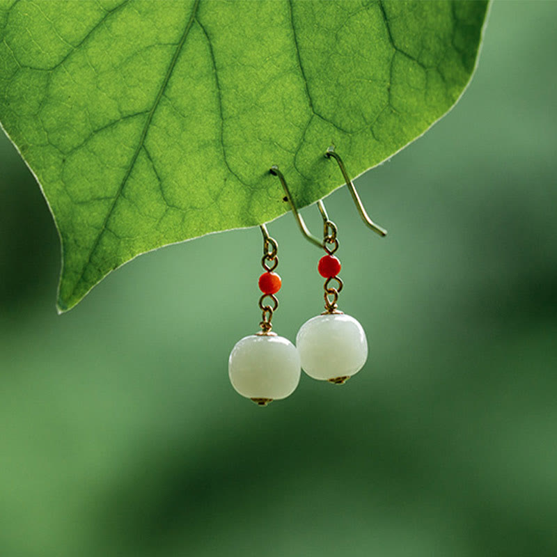 Nimara Ritual 925 Sterling Silver Plated 14k Gold Hetian Jade Red Agate Luck Drop Dangle Earrings