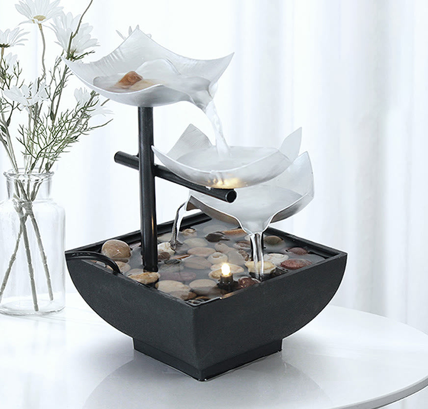 Nimara Ritual Three Layers Waterfall Fountain Tabletop Lotus Ornaments With River Rocks Desktop Decoration