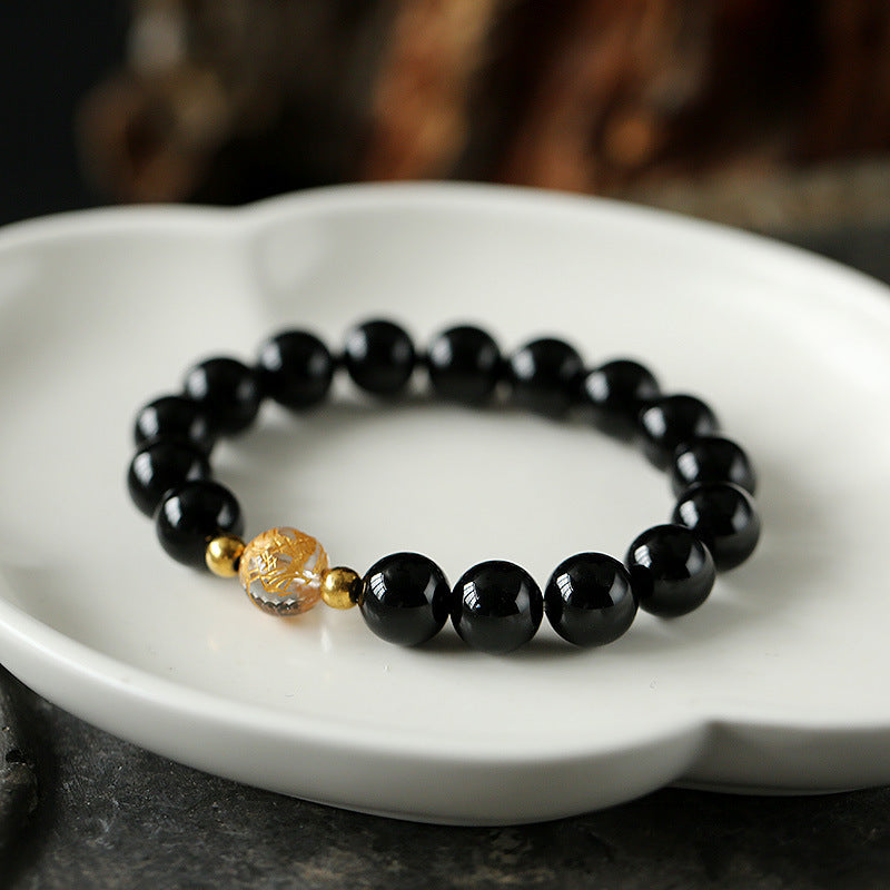 Nimara Ritual Natural Black Obsidian White Crystal Black Onyx Dragon Strength Bracelet