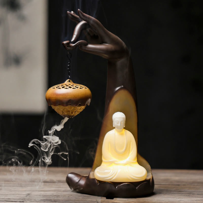 Nimara Ritual Led Buddha Hand Backflow Smoke Fountain Healing Ceramic Stick Incense Burner Decoration