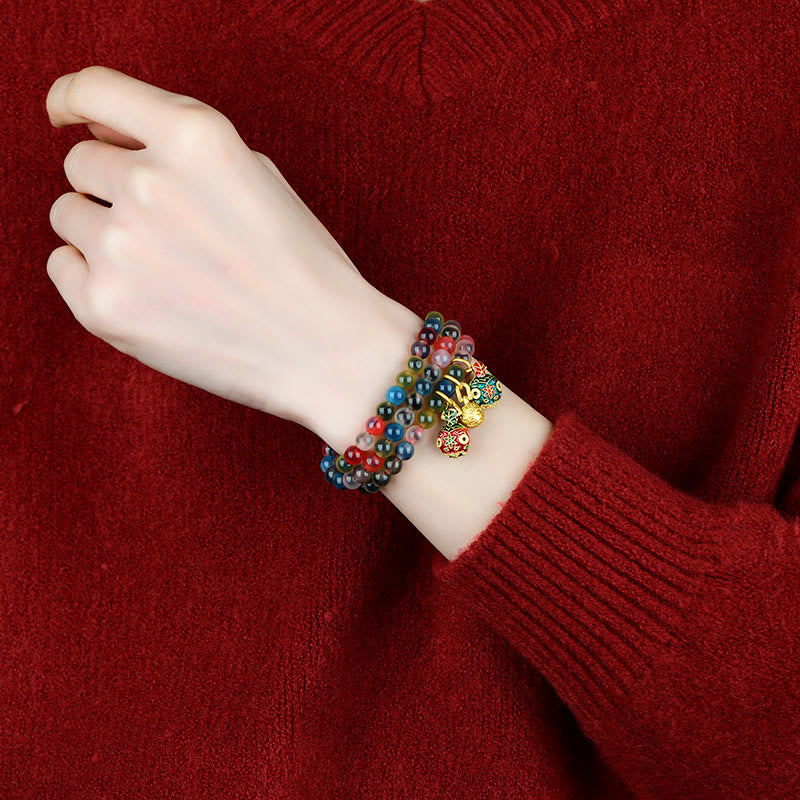 Nimara Ritual Colorful Candy Agate Gold Swallowing Beast Family Strength Charm Triple Wrap Bracelet