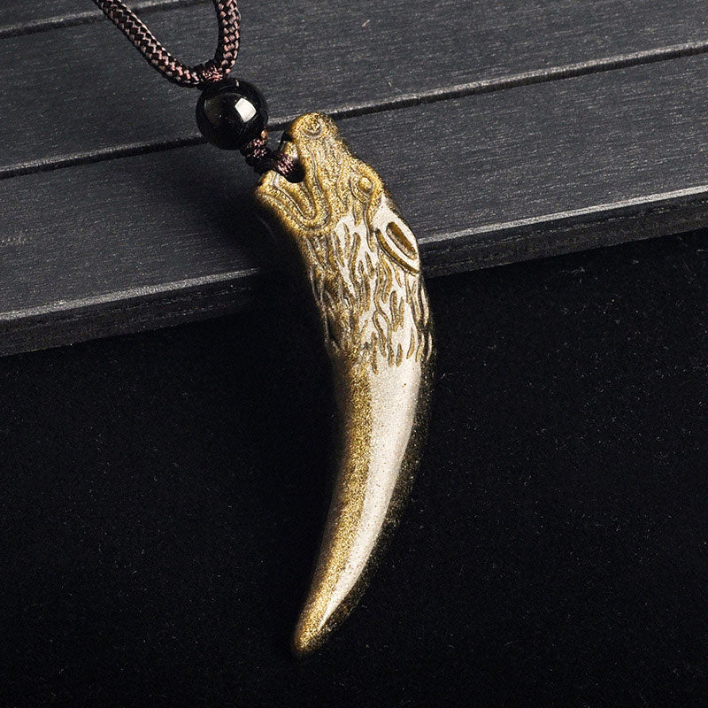 Nimara Ritual Natural Black Obsidian Ice Obsidian Rainbow Obsidian Wolf Tooth Pattern Strength Necklace Pendant