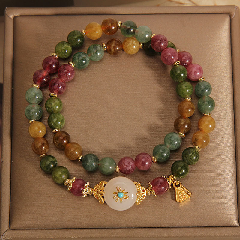 Nimara Ritual Natural Multicolored Tourmaline Positive Jade Flower Double Wrap Bracelet