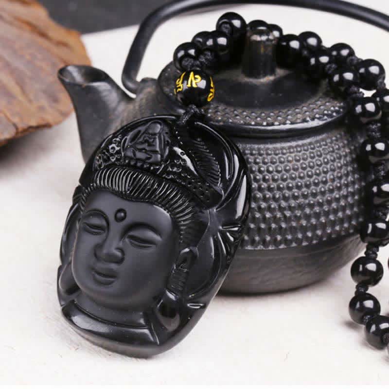Nimara Ritual Natural Black Obsidian Kwan Yin Avalokitesvara Strength String Necklace Pendant