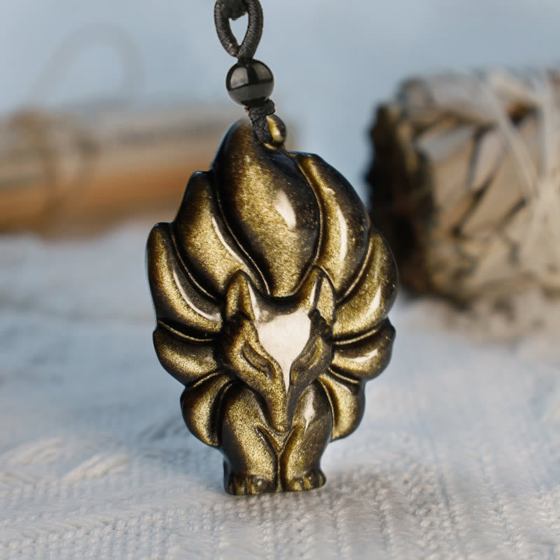Nimara Ritual Natural Fluorite Gold Sheen Obsidian Fox Pendant Protection Necklace