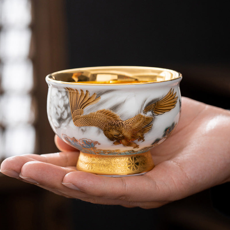 Nimara Ritual Golden Eagle Auspicious Dragon Sun Ocean Waves Gilt Ceramic Teacup Kung Fu Tea Cup
