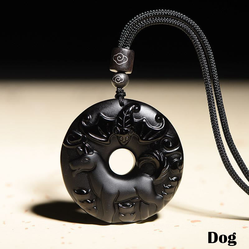 Nimara Ritual Chinese Zodiac Natural Black Obsidian Peace Buckle Strength Necklace Pendant