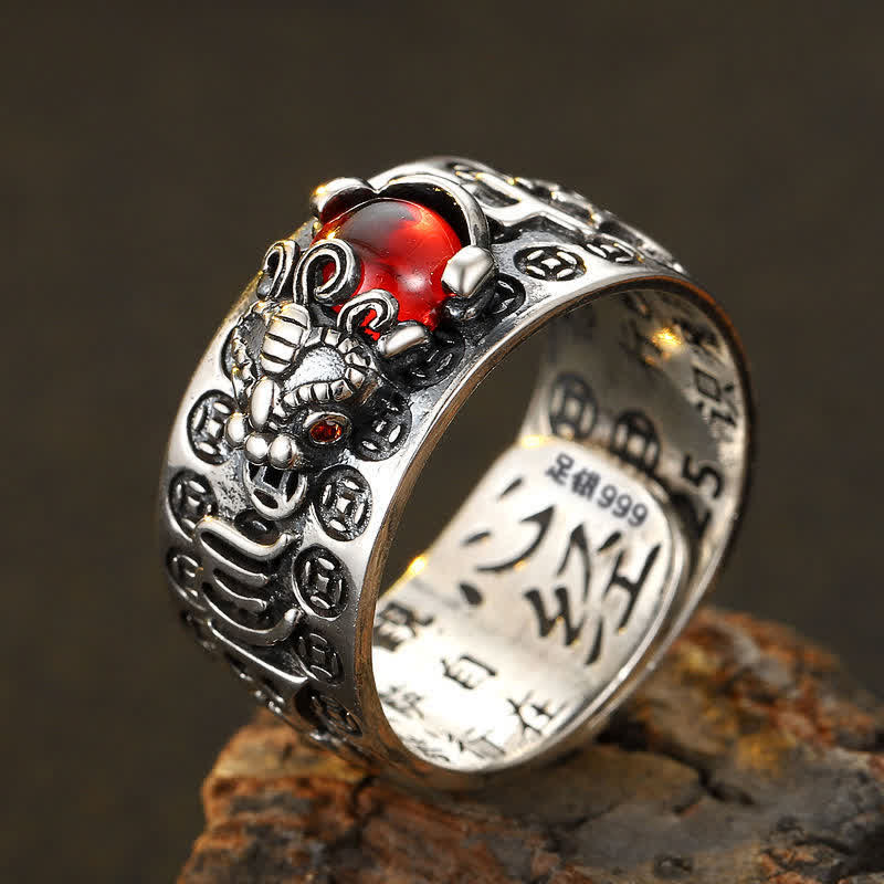 Nimara Ritual FengShui PiXiu Red Garnet Heart Sutra Wealth Ring