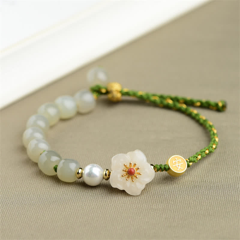Nimara Ritual 925 Sterling Silver Natural Hetian Jade Peach Blossom Luck Bracelet