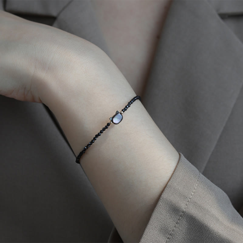 Nimara Ritual 14K Gold Plated Black Spinel White Crystal Cute Cat Tridacna Stone Healing Bracelet