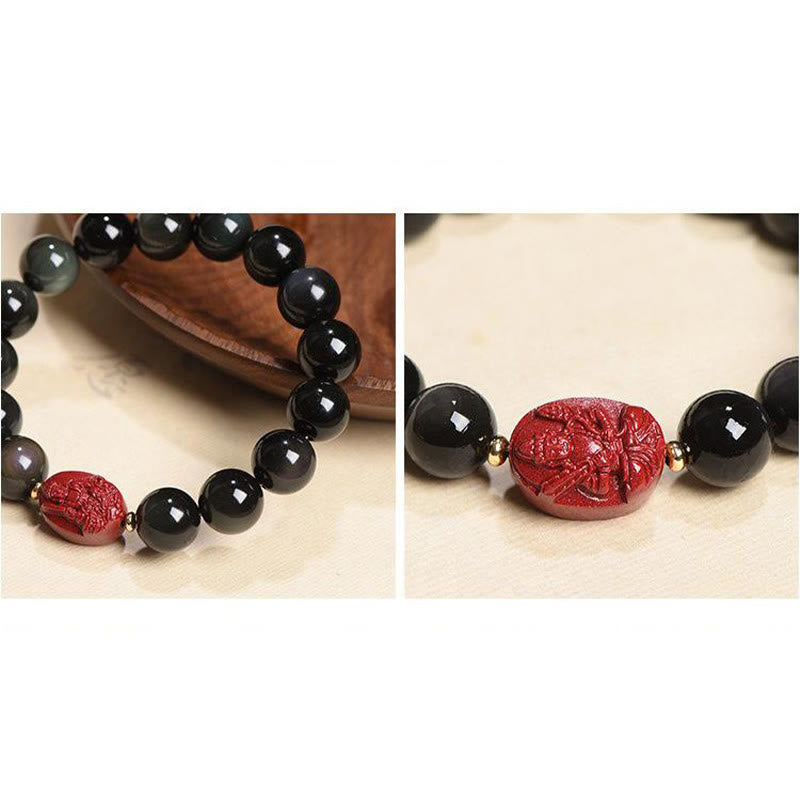 Nimara Ritual Chinese Zodiac Natal Buddha Natural Black Obsidian Cinnabar Purification Bracelet